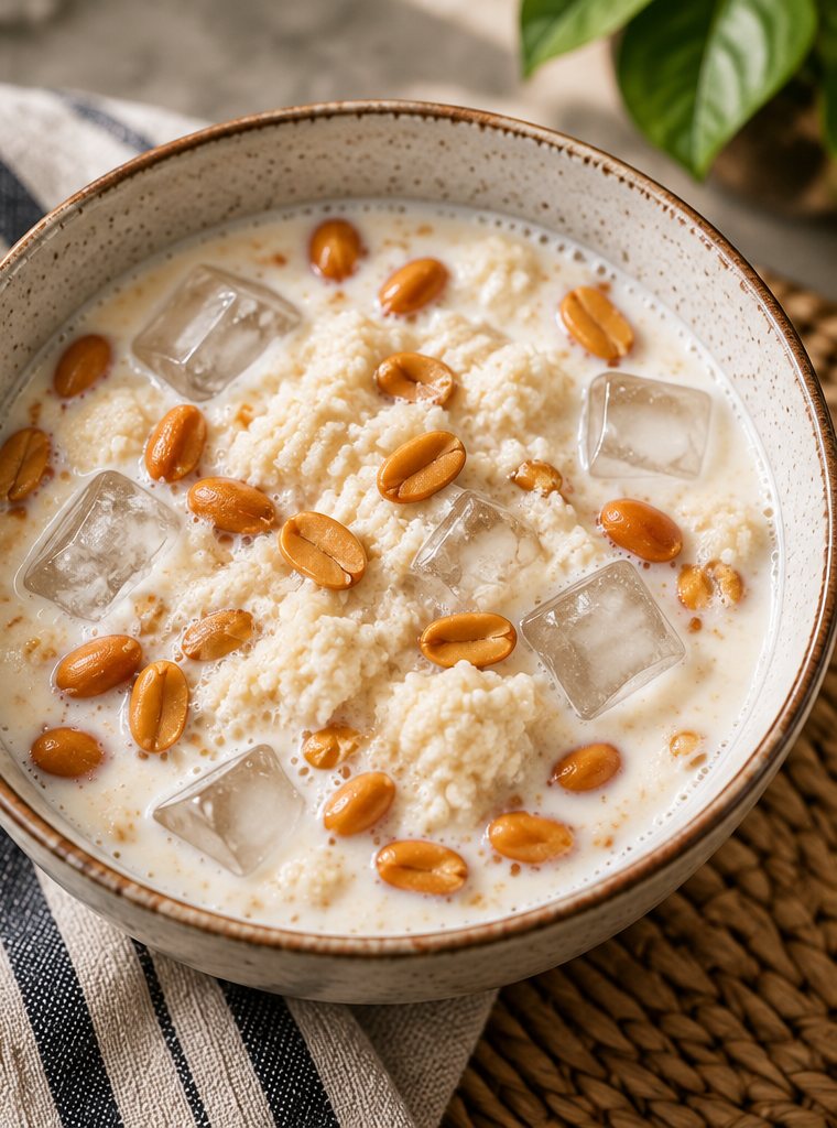 A bowl of soaked gari with groundnuts and ice